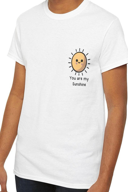 White T-shirt featuring a happy sun illustration with the phrase 'You Are My Sunshine.' A bright and cheerful design that’s perfect for spreading positive vibes.