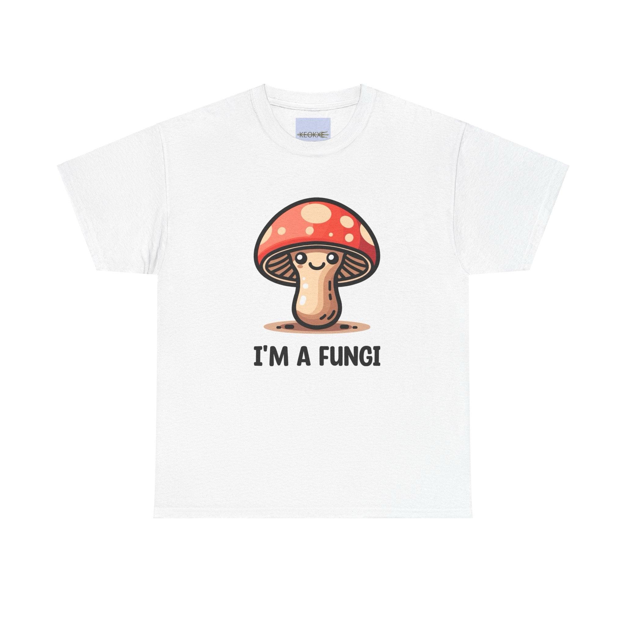 White T-shirt with a cartoon mushroom and the pun 'I'm a Fungi.' A quirky and humorous design, perfect for fans of puns and playful nature-inspired artwork."