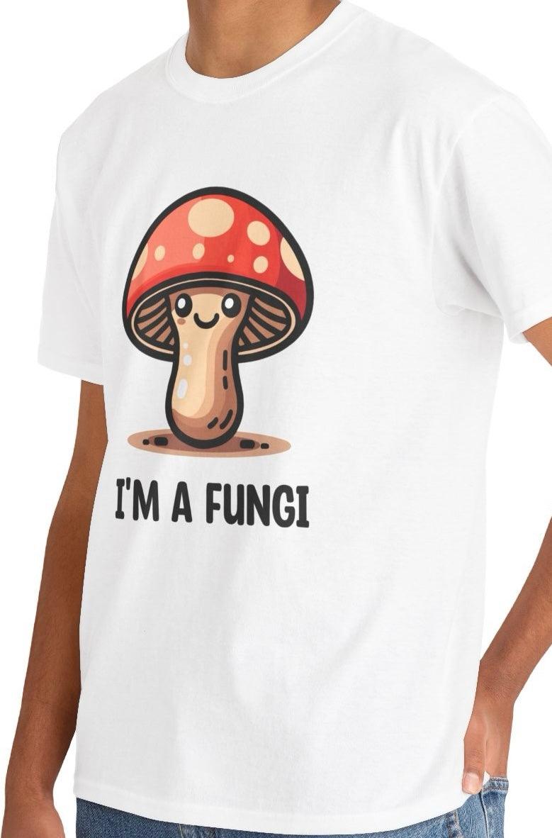 White T-shirt with a cartoon mushroom and the pun 'I'm a Fungi.' A quirky and humorous design, perfect for fans of puns and playful nature-inspired artwork."