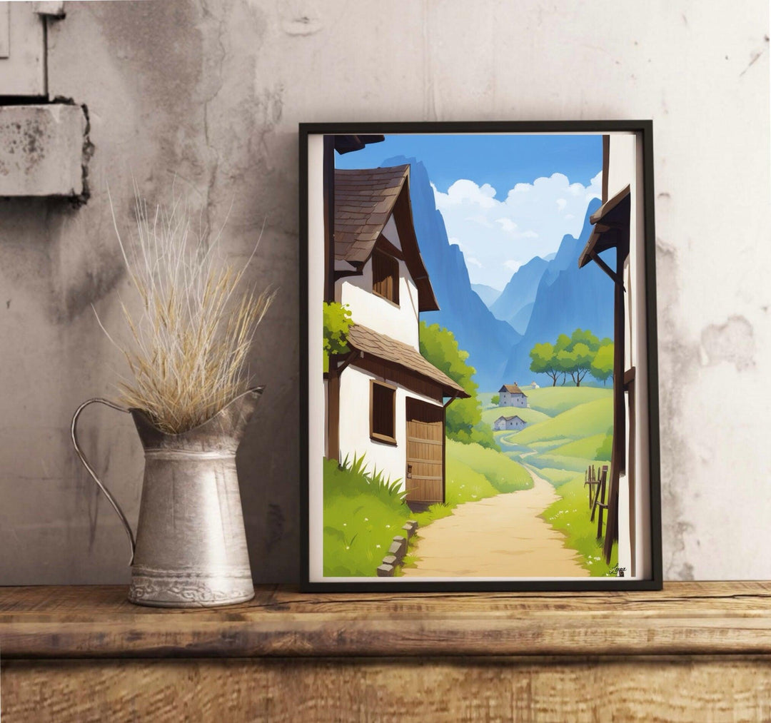 Discover the enchanting "Serene Retreat Print," a stunning piece of art that instantly captures your imagination. Nestled against a white wall, this artwork beautifully depicts a tranquil rural landscape. Picture yourself wandering down a winding dirt path, surrounded by charming rustic houses and vibrant greenery that creates an oasis of peace. In the distance, majestic mountains stand proudly beneath a bright blue sky dotted with fluffy white clouds. Let this captivating print transport you to serene land