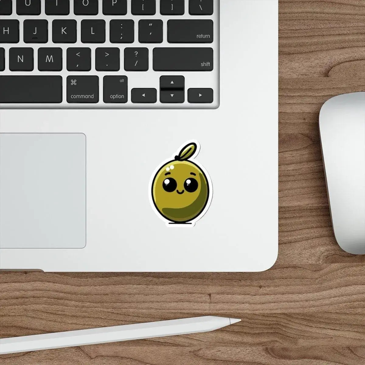 A playful waterproof sticker of a cute olive with a smile, perfect for food lovers who want to add a quirky touch to their notebooks or devices - Baby Keo."