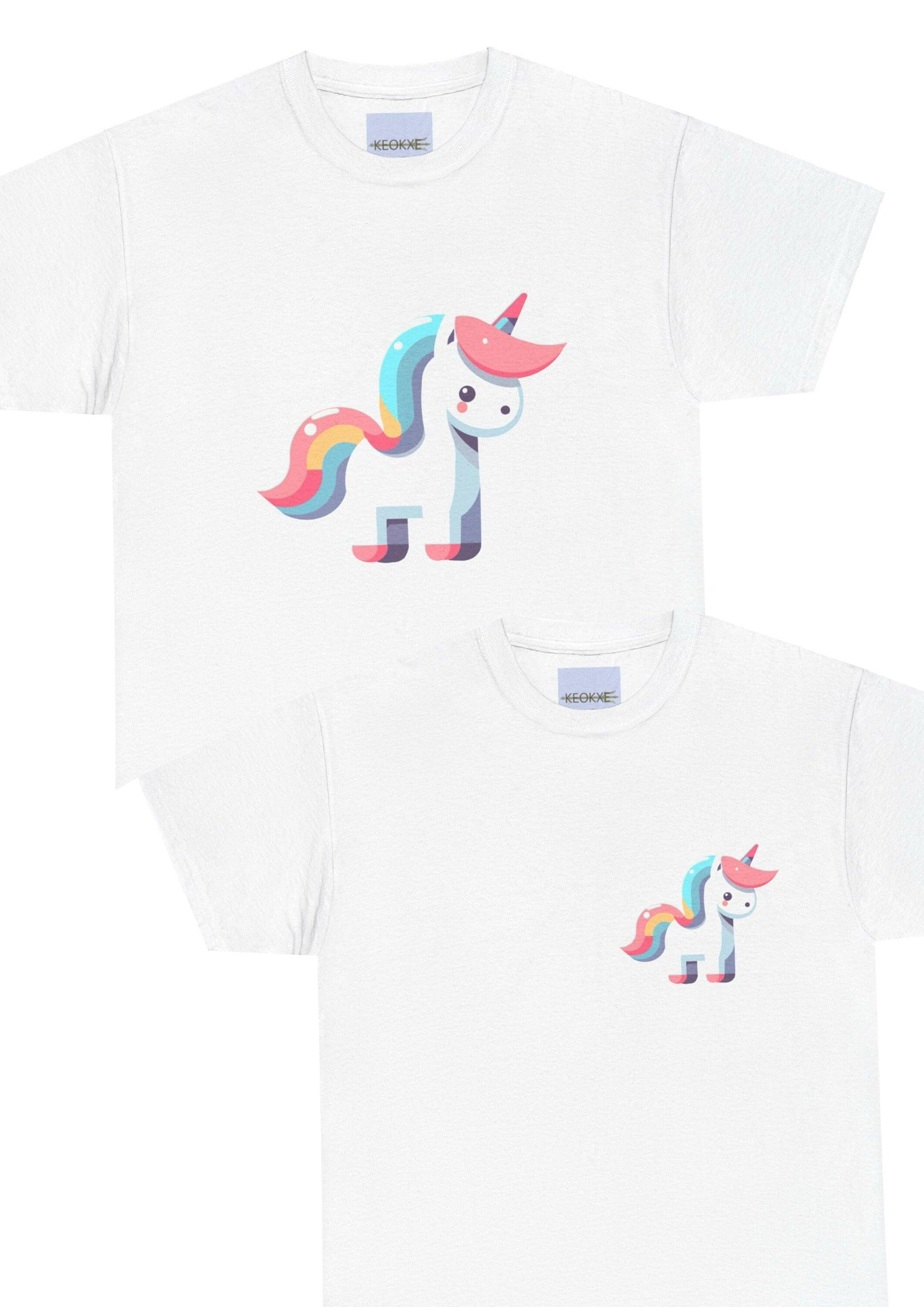 White T-shirt with a cute pastel-colored unicorn, featuring a rainbow mane and tail. A fun and magical design, perfect for unicorn enthusiasts and fans of whimsical artwork."