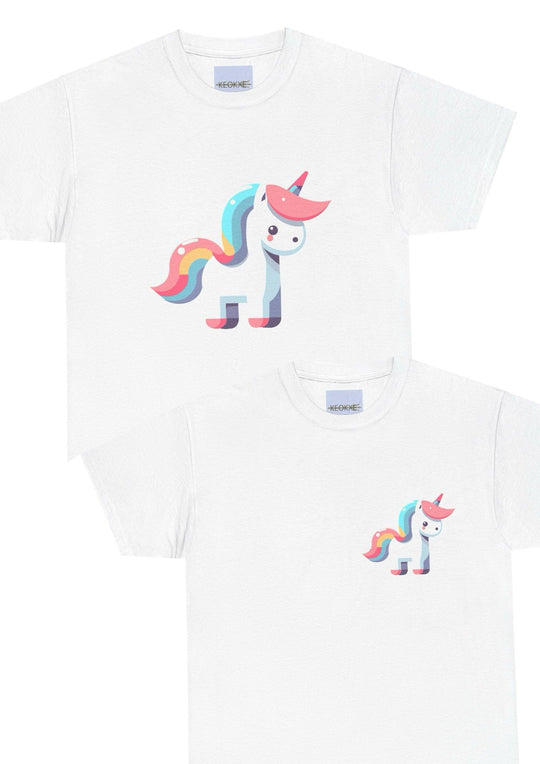 White T-shirt with a cute pastel-colored unicorn, featuring a rainbow mane and tail. A fun and magical design, perfect for unicorn enthusiasts and fans of whimsical artwork."