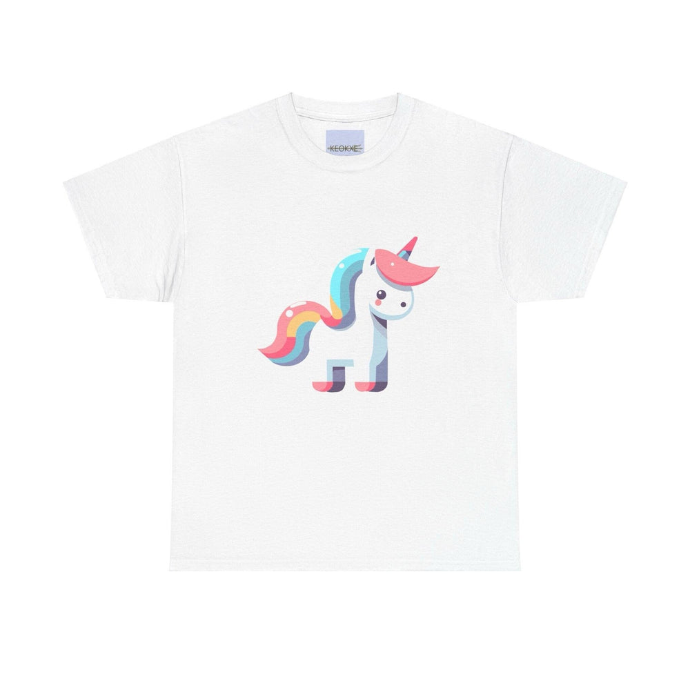 White T-shirt with a cute pastel-colored unicorn, featuring a rainbow mane and tail. A fun and magical design, perfect for unicorn enthusiasts and fans of whimsical artwork."