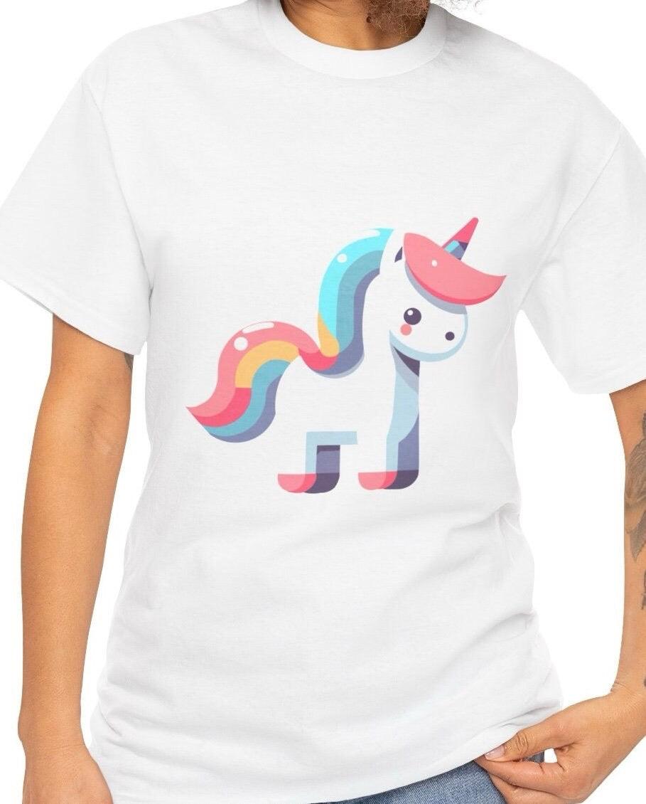 White T-shirt with a cute pastel-colored unicorn, featuring a rainbow mane and tail. A fun and magical design, perfect for unicorn enthusiasts and fans of whimsical artwork."