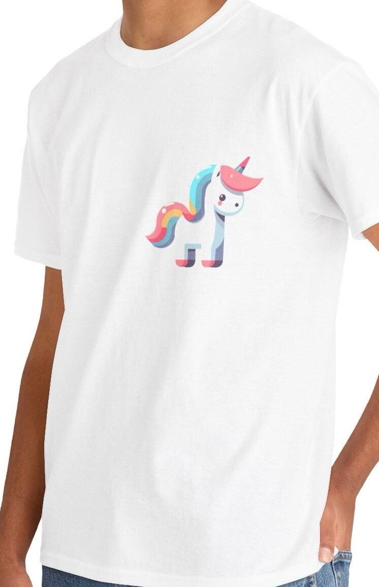 White T-shirt with a cute pastel-colored unicorn, featuring a rainbow mane and tail. A fun and magical design, perfect for unicorn enthusiasts and fans of whimsical artwork."