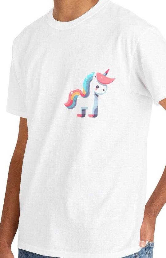 White T-shirt with a cute pastel-colored unicorn, featuring a rainbow mane and tail. A fun and magical design, perfect for unicorn enthusiasts and fans of whimsical artwork."