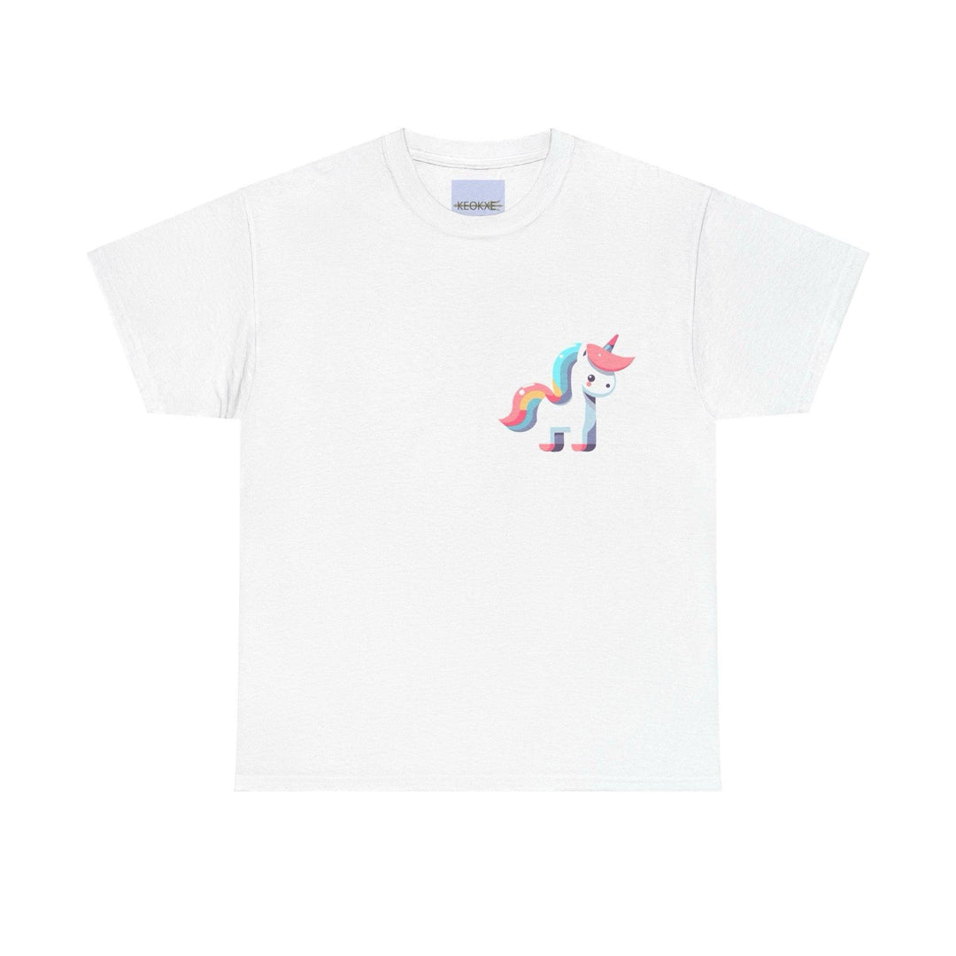 White T-shirt with a cute pastel-colored unicorn, featuring a rainbow mane and tail. A fun and magical design, perfect for unicorn enthusiasts and fans of whimsical artwork."