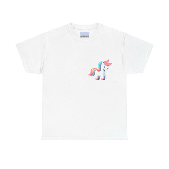 White T-shirt with a cute pastel-colored unicorn, featuring a rainbow mane and tail. A fun and magical design, perfect for unicorn enthusiasts and fans of whimsical artwork."