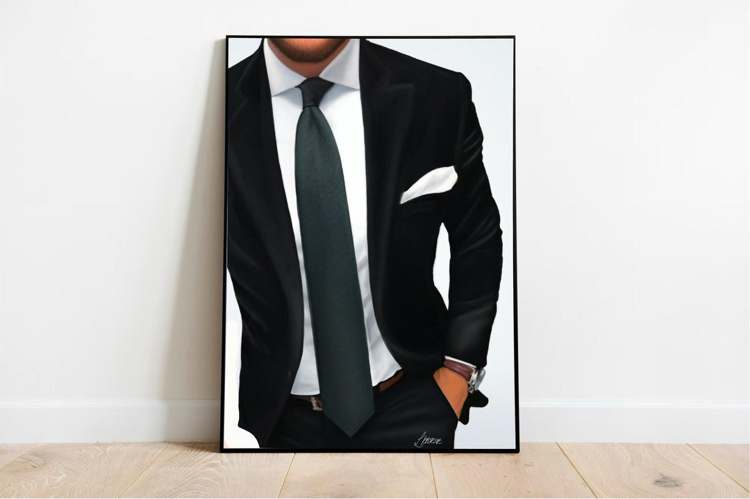 Introducing the "Elegance Personified - Handcrafted Suit Print," a stunning depiction of style and sophistication! This artwork features an individual dressed to impress in a sleek black suit, crisp white dress shirt, and an exquisite dark green tie. With one hand casually resting in their pocket and a sharp white pocket square adding the final touch, this print exudes class. Beautifully framed against a pristine white wall on a light wood floor, it's the perfect addition to any fashion lover's collection.