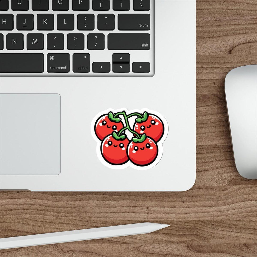 A colorful waterproof sticker of cartoon tomatoes still on the vine, great for adding a fresh and playful design to notebooks or bottles - Baby Keo