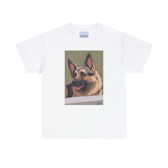 White T-shirt displaying a realistic cartoon-style German Shepherd lying down, capturing the loyalty and charm of the beloved dog breed. A must-have for German Shepherd fans and dog lovers