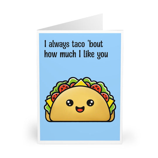 Cute food-themed greeting card featuring a smiling taco with the phrase &