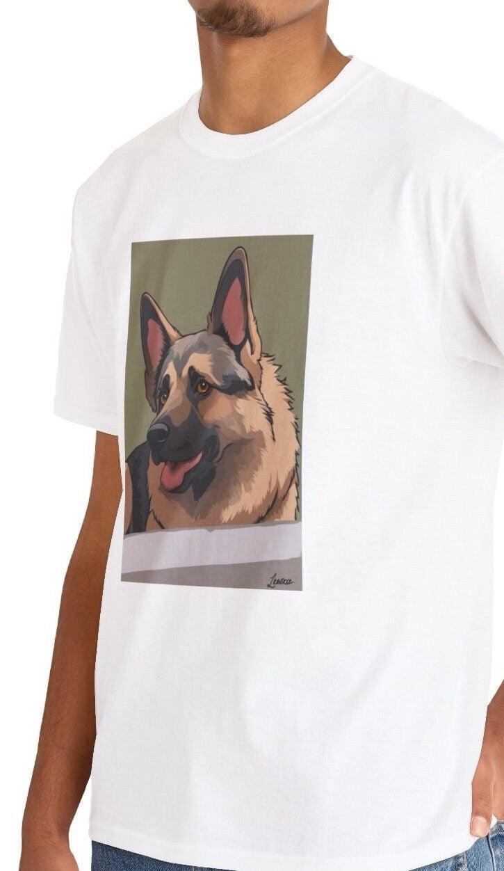 White T-shirt displaying a realistic cartoon-style German Shepherd lying down, capturing the loyalty and charm of the beloved dog breed. A must-have for German Shepherd fans and dog lovers