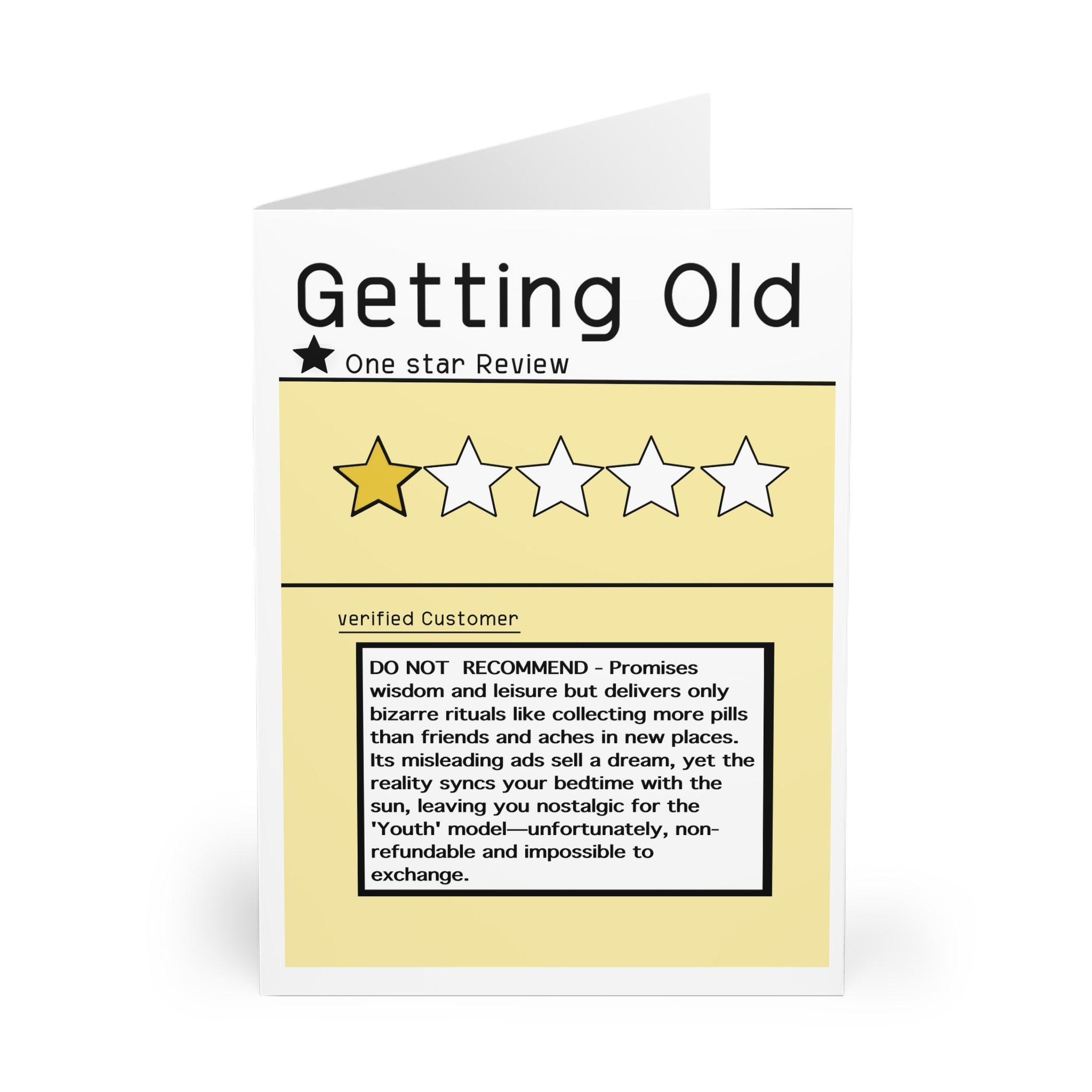 Funny birthday card designed as a mock-up product review, rating the experience of 'Getting Old' with a humorous touch. Perfect for those celebrating milestone birthdays with a sense of humor - Baby Keo