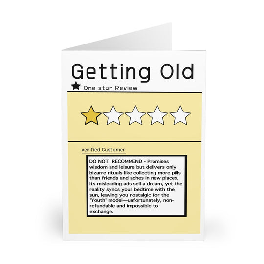 Funny birthday card designed as a mock-up product review, rating the experience of 'Getting Old' with a humorous touch. Perfect for those celebrating milestone birthdays with a sense of humor - Baby Keo