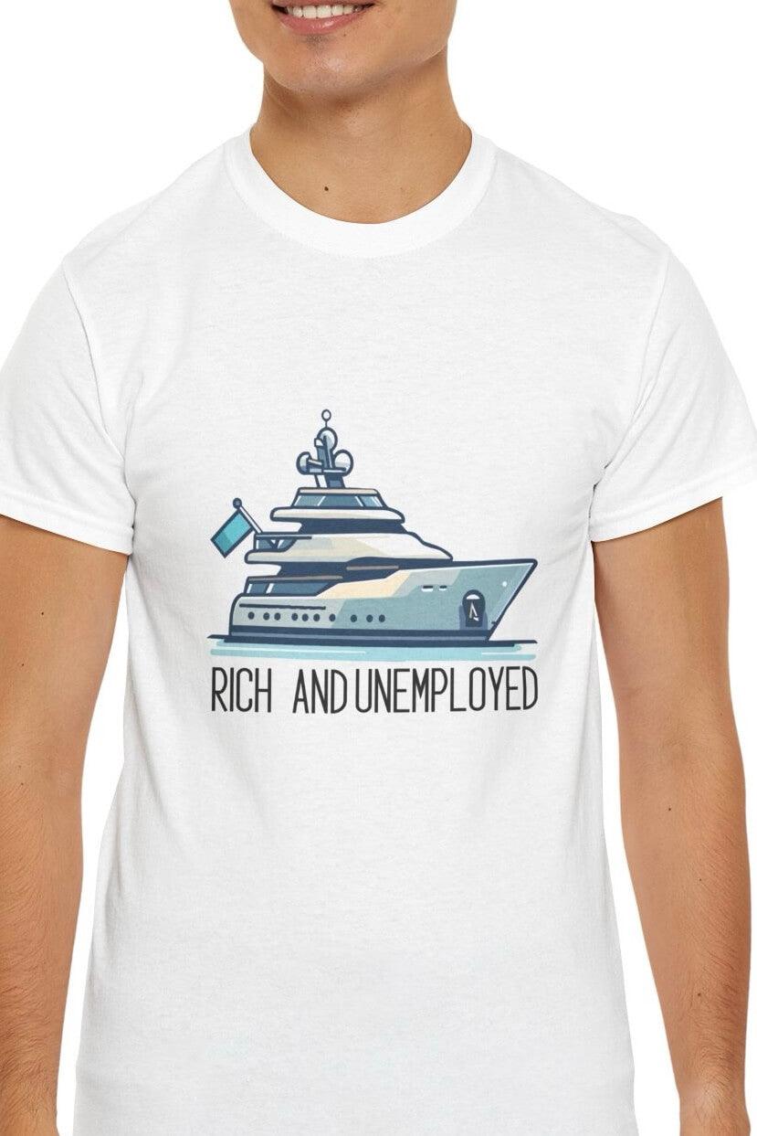 White cotton T-shirt featuring the text 'Rich and Unemployed' with a luxury yacht graphic. A fun and humorous statement piece, ideal for casual wear - Baby Keo