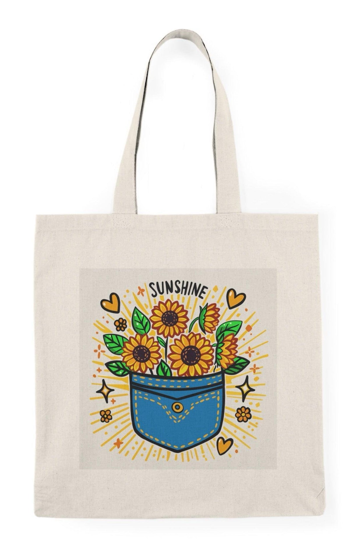 A natural tote bag adorned with a vibrant illustration of a flower pot filled with colorful flowers and the text 'Pocket Full of Sunshine.' The cheerful design radiates positivity and joy, making it a delightful accessory for spring and summer outings.