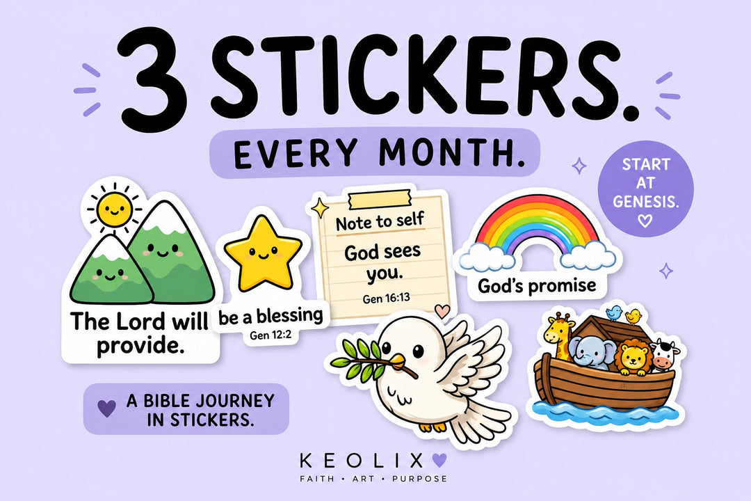 Promotional graphic for Keolix stickers with religious-themed illustrations and text.
