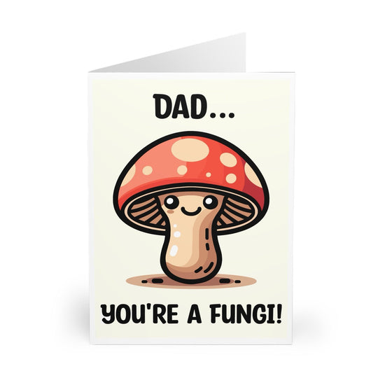 Playful greeting card featuring a smiling mushroom with the pun &