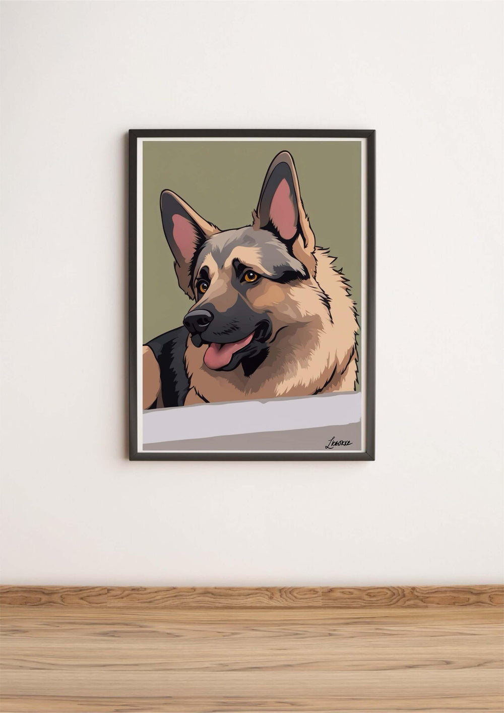 On a charming wooden shelf, you'll find a delightful framed piece of Whimsical German Shepherd Cartoon Artwork. This adorable artwork features a tan and black German Shepherd with its tongue playfully sticking out and its ears perked up, exuding joy! Alongside the frame is a rustic metal jug filled with dried grass, adding an earthy touch. The textured wall in the background perfectly complements the display, creating an inviting and cozy atmosphere.