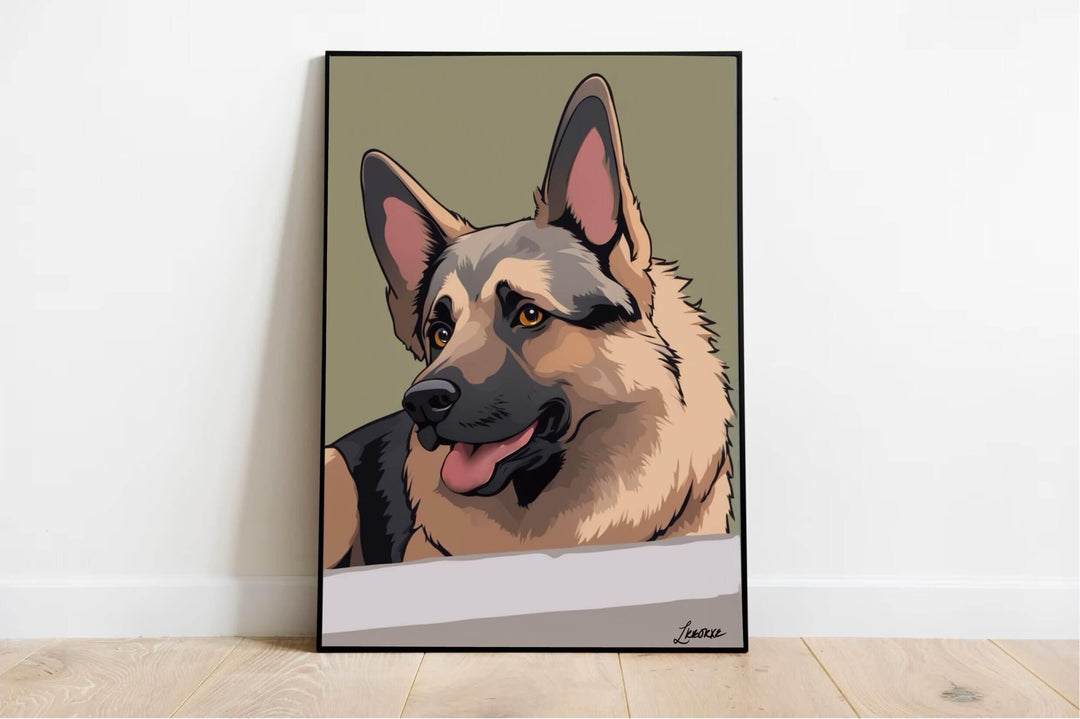 On a charming wooden shelf, you'll find a delightful framed piece of Whimsical German Shepherd Cartoon Artwork. This adorable artwork features a tan and black German Shepherd with its tongue playfully sticking out and its ears perked up, exuding joy! Alongside the frame is a rustic metal jug filled with dried grass, adding an earthy touch. The textured wall in the background perfectly complements the display, creating an inviting and cozy atmosphere.