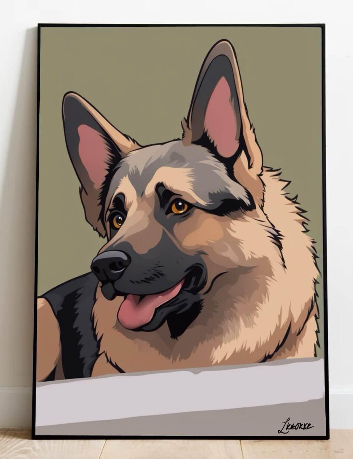 On a charming wooden shelf, you'll find a delightful framed piece of Whimsical German Shepherd Cartoon Artwork. This adorable artwork features a tan and black German Shepherd with its tongue playfully sticking out and its ears perked up, exuding joy! Alongside the frame is a rustic metal jug filled with dried grass, adding an earthy touch. The textured wall in the background perfectly complements the display, creating an inviting and cozy atmosphere.
