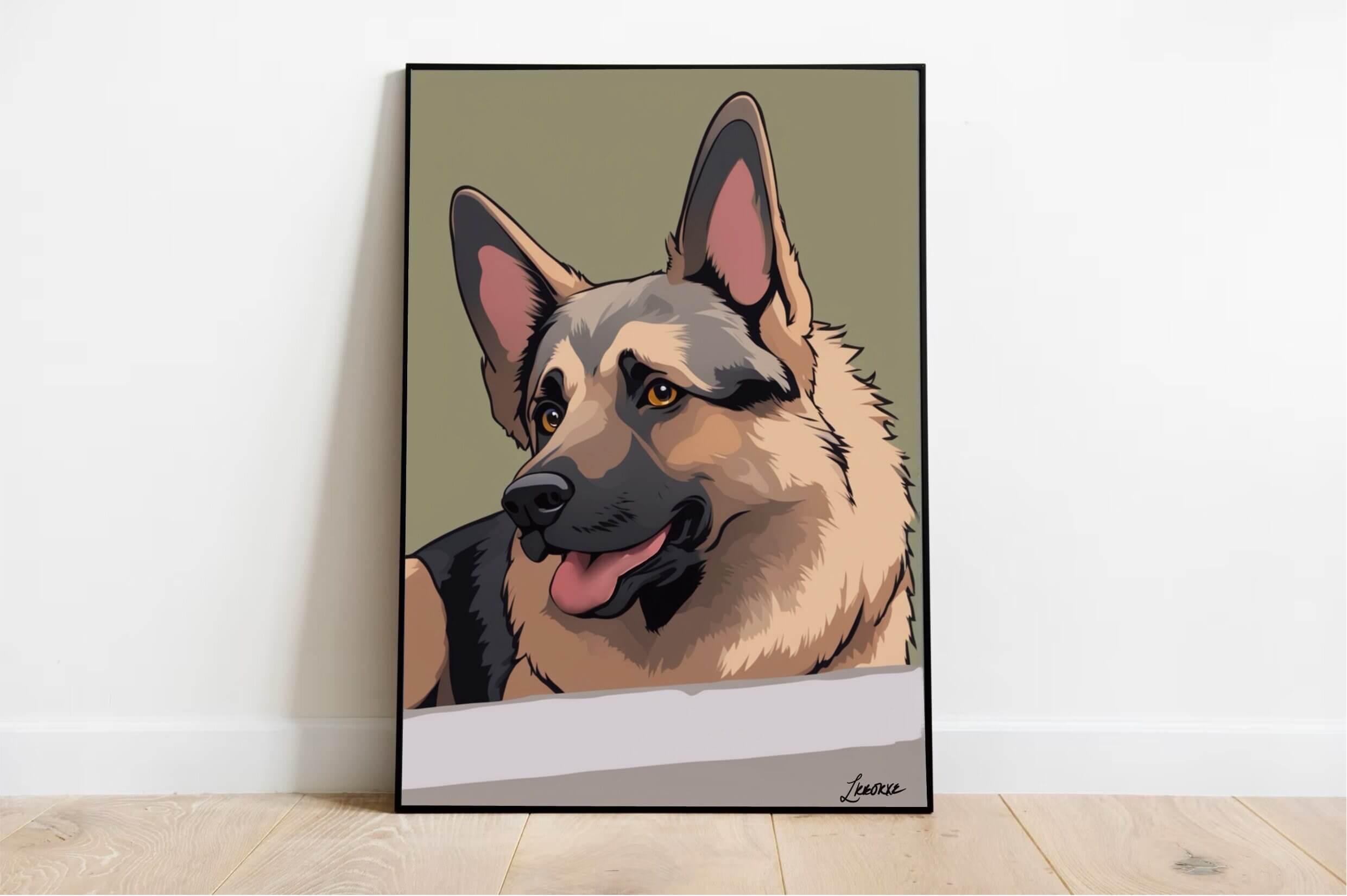 On a charming wooden shelf, you'll find a delightful framed piece of Whimsical German Shepherd Cartoon Artwork. This adorable artwork features a tan and black German Shepherd with its tongue playfully sticking out and its ears perked up, exuding joy! Alongside the frame is a rustic metal jug filled with dried grass, adding an earthy touch. The textured wall in the background perfectly complements the display, creating an inviting and cozy atmosphere.