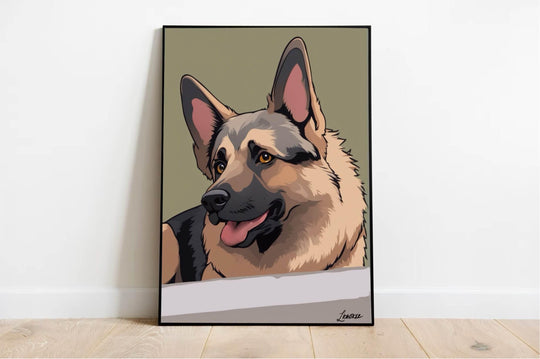 On a charming wooden shelf, you'll find a delightful framed piece of Whimsical German Shepherd Cartoon Artwork. This adorable artwork features a tan and black German Shepherd with its tongue playfully sticking out and its ears perked up, exuding joy! Alongside the frame is a rustic metal jug filled with dried grass, adding an earthy touch. The textured wall in the background perfectly complements the display, creating an inviting and cozy atmosphere.