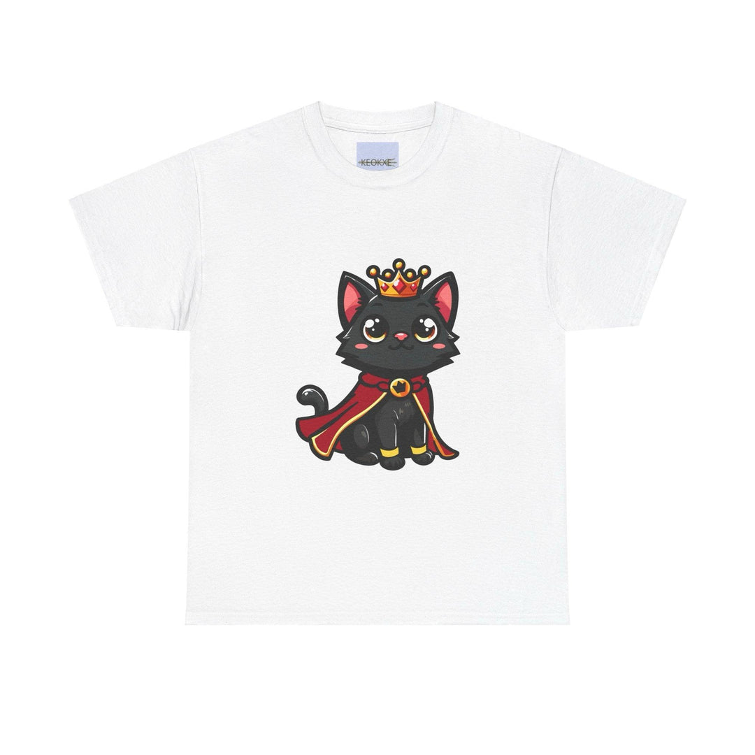 White unisex T-shirt featuring an adorable black kitten wearing a royal crown and a red cape. A charming design for cat lovers and anyone who appreciates cute and regal themes."