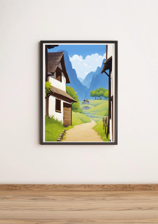 Discover the enchanting "Serene Retreat Print," a stunning piece of art that instantly captures your imagination. Nestled against a white wall, this artwork beautifully depicts a tranquil rural landscape. Picture yourself wandering down a winding dirt path, surrounded by charming rustic houses and vibrant greenery that creates an oasis of peace. In the distance, majestic mountains stand proudly beneath a bright blue sky dotted with fluffy white clouds. Let this captivating print transport you to serene land