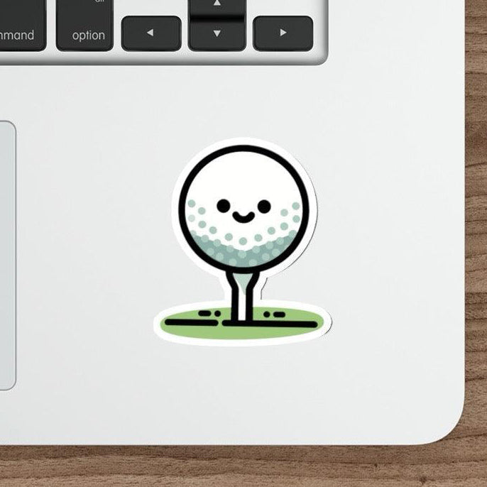 Fun golf-themed waterproof sticker featuring a smiling golf ball on a tee.  KEOLIX 