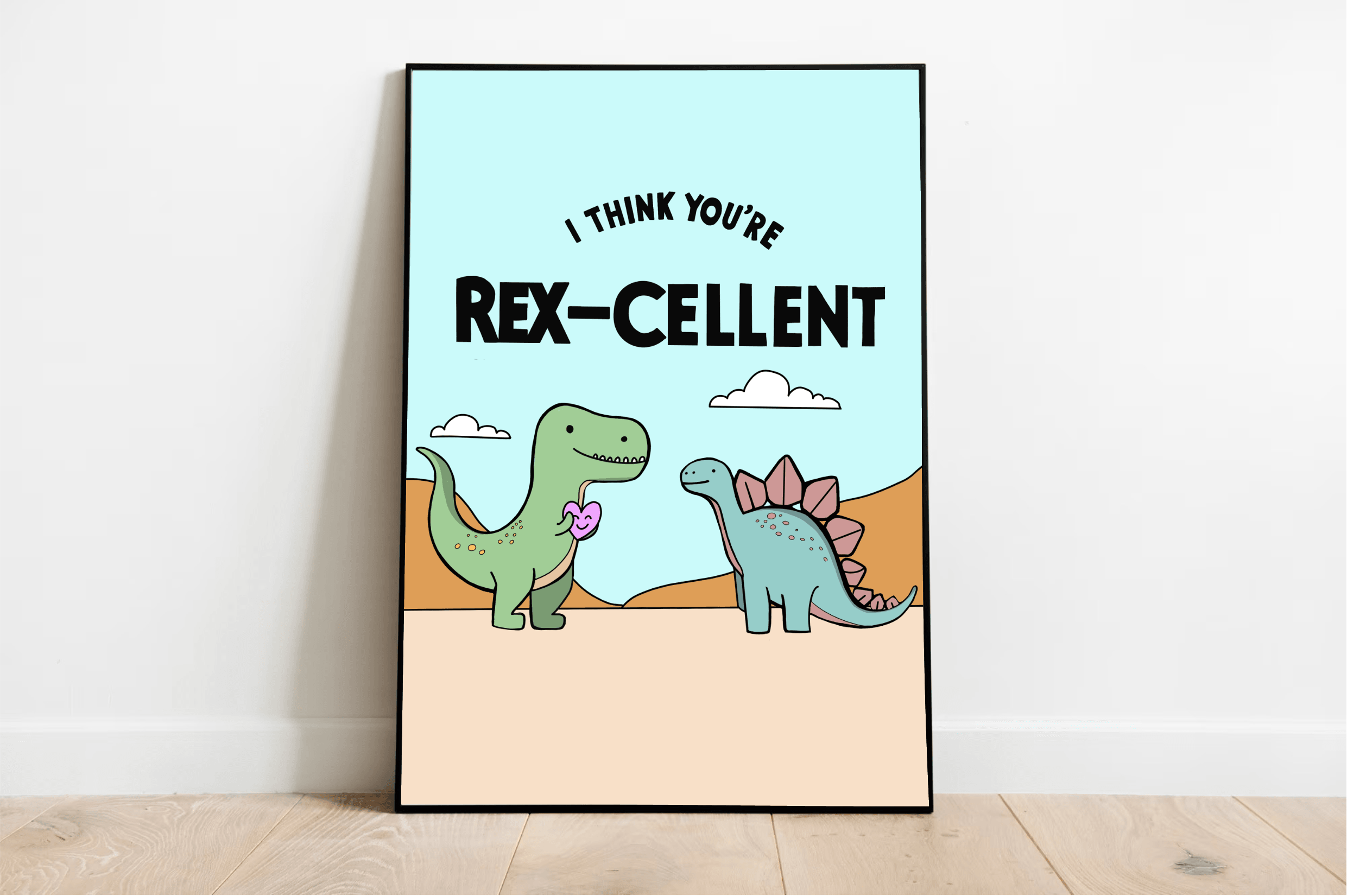 Add a touch of prehistoric charm to your space with a delightful framed illustration from the "Rex-cellent Adventures: Dinosaur Print" collection! This playful piece features two adorable cartoon dinosaurs—a cheerful green T-Rex holding a purple flower, and a friendly blue stegosaurus sporting pink plates. The whimsical scene is set against a backdrop of light blue sky, with the heartwarming phrase, "I think you're Rex-cellent," written above. Perfectly placed on a wooden floor, this charming dinosaur artwo