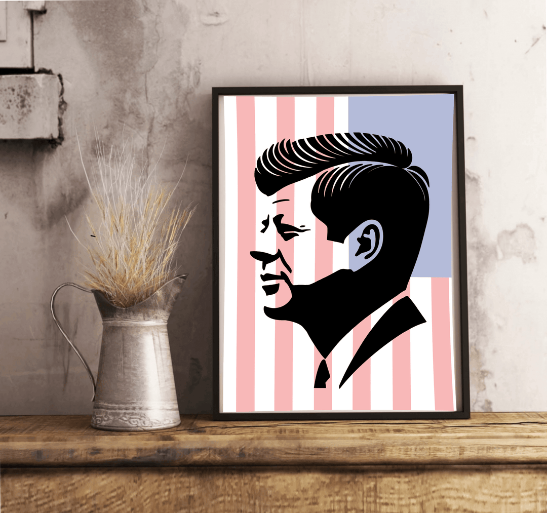 A striking artwork featuring a minimalist silhouette of John F. Kennedy over a backdrop of pink and blue USA flag-inspired stripes. Available in A3, A4, and A5 sizes, with matte or glossy finishes, perfect for adding sophistication and history to your space.