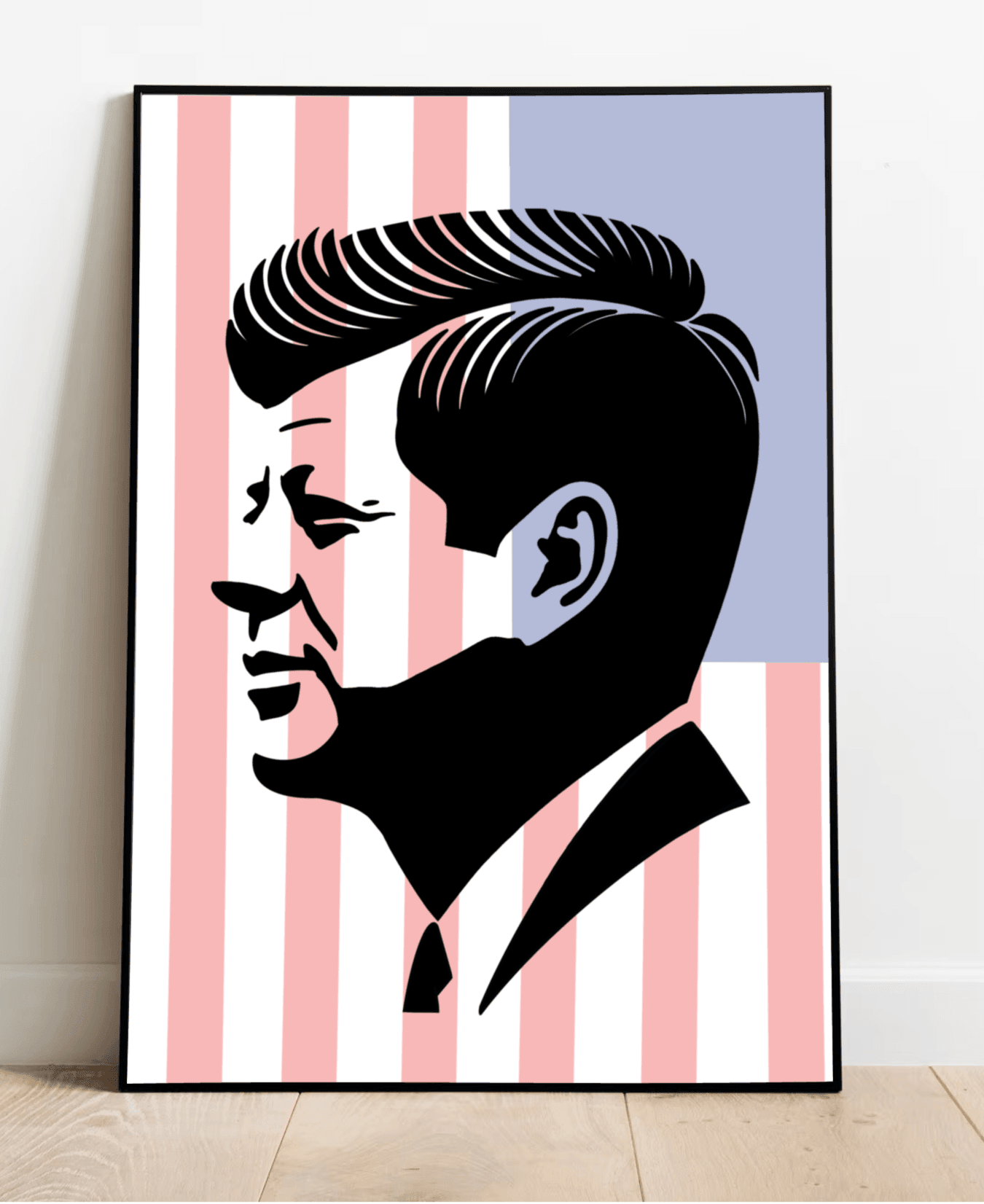 A striking artwork featuring a minimalist silhouette of John F. Kennedy over a backdrop of pink and blue USA flag-inspired stripes. Available in A3, A4, and A5 sizes, with matte or glossy finishes, perfect for adding sophistication and history to your space.