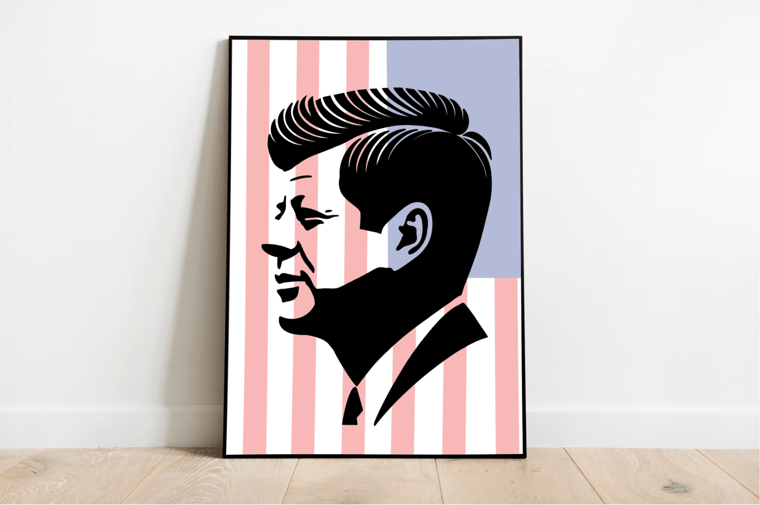 A striking artwork featuring a minimalist silhouette of John F. Kennedy over a backdrop of pink and blue USA flag-inspired stripes. Available in A3, A4, and A5 sizes, with matte or glossy finishes, perfect for adding sophistication and history to your space.