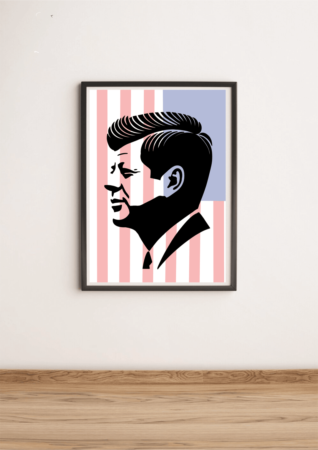 A striking artwork featuring a minimalist silhouette of John F. Kennedy over a backdrop of pink and blue USA flag-inspired stripes. Available in A3, A4, and A5 sizes, with matte or glossy finishes, perfect for adding sophistication and history to your space.