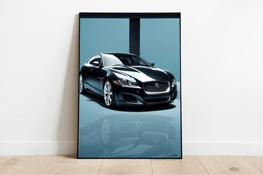 Discover the Allure of Jaguar Art: Introducing the Automotive Elegance Print, a striking framed poster perfect for any minimalist showroom! This captivating piece features a sleek black sports car poised against a pristine white wall on an elegant wooden floor. The car's glossy finish brilliantly catches the light, highlighting its sophisticated aerodynamic design. Plus, a gentle shadow beneath the frame adds an extra layer of depth and enhances the top-tier quality of this print. Ideal for car enthusiasts 