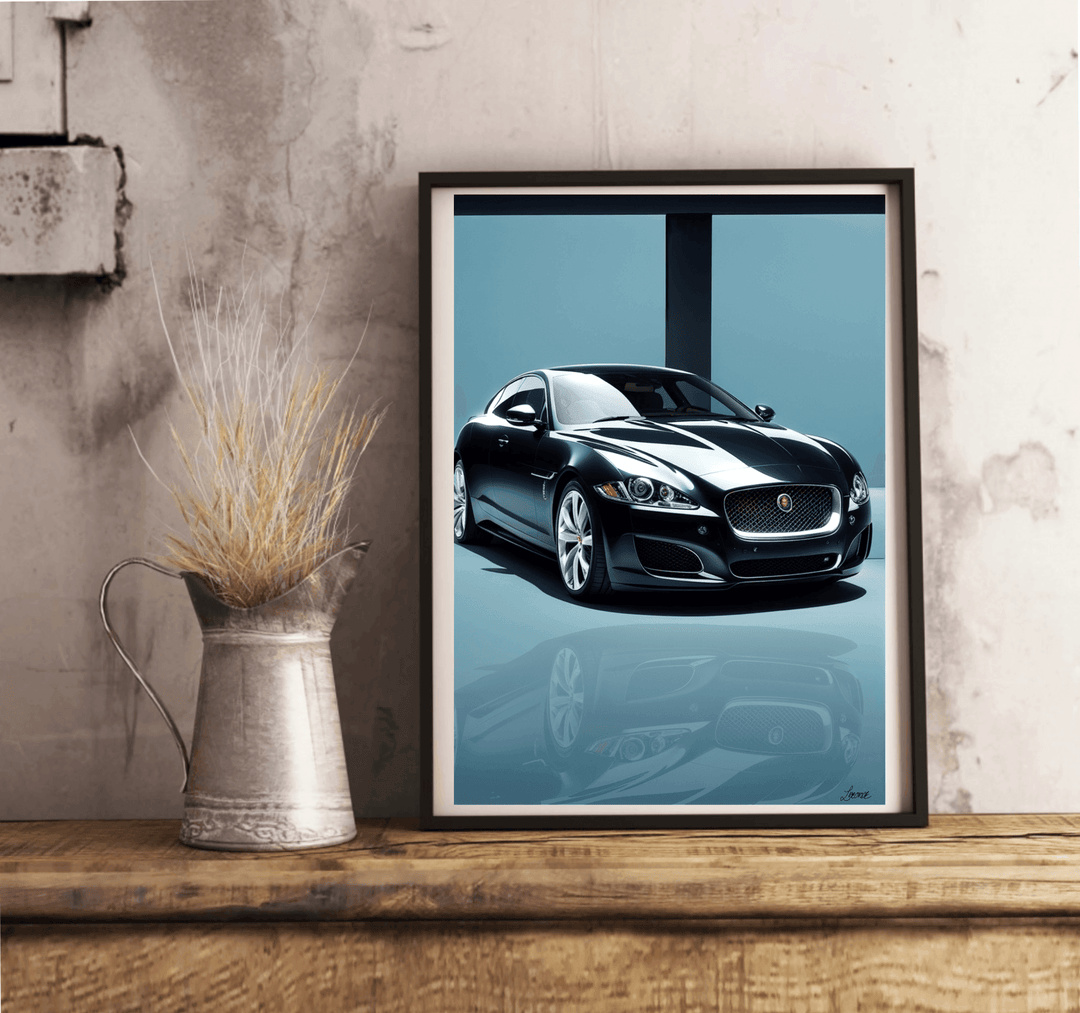 Discover the Allure of Jaguar Art: Introducing the Automotive Elegance Print, a striking framed poster perfect for any minimalist showroom! This captivating piece features a sleek black sports car poised against a pristine white wall on an elegant wooden floor. The car's glossy finish brilliantly catches the light, highlighting its sophisticated aerodynamic design. Plus, a gentle shadow beneath the frame adds an extra layer of depth and enhances the top-tier quality of this print. Ideal for car enthusiasts 