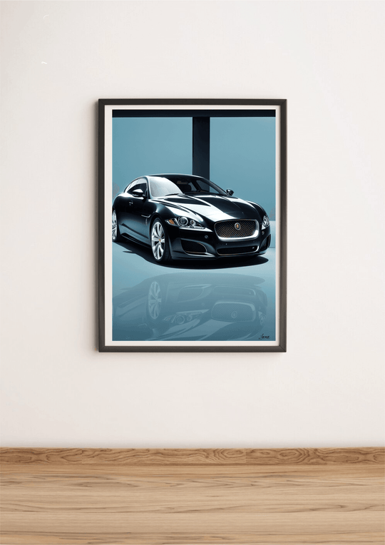 Discover the Allure of Jaguar Art: Introducing the Automotive Elegance Print, a striking framed poster perfect for any minimalist showroom! This captivating piece features a sleek black sports car poised against a pristine white wall on an elegant wooden floor. The car's glossy finish brilliantly catches the light, highlighting its sophisticated aerodynamic design. Plus, a gentle shadow beneath the frame adds an extra layer of depth and enhances the top-tier quality of this print. Ideal for car enthusiasts 