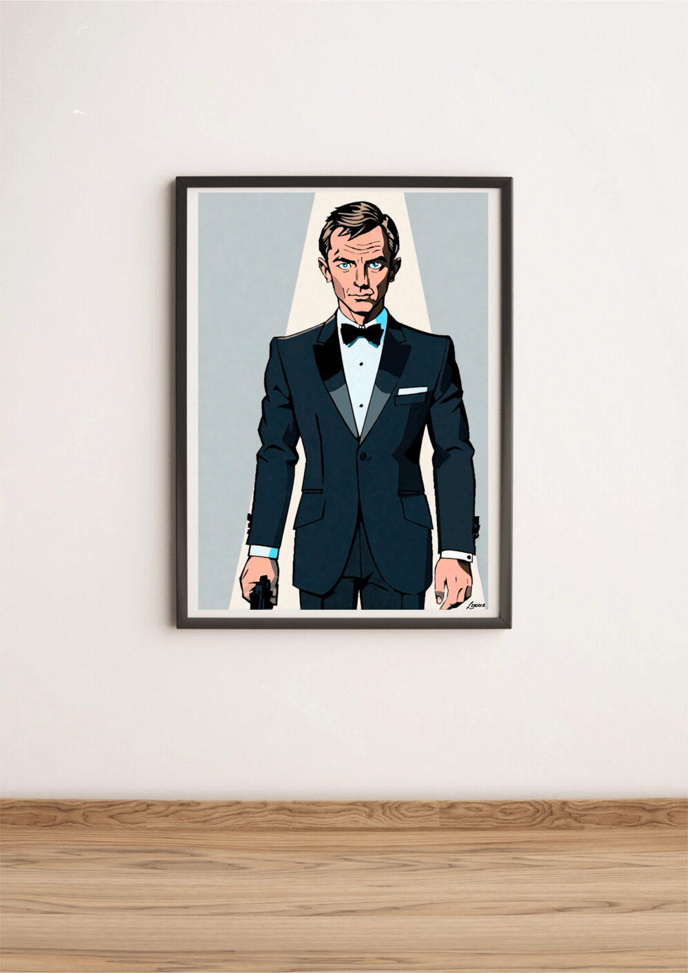 Unveiling the "James Bond: Anime Fusion Art Print," a stunning A3 masterpiece that blends iconic spy vibes with anime flair! Picture a suave gentleman in a tuxedo, confidently holding a handgun, all set against a fresh light blue backdrop. The spotlight casts an alluring glow on him, making this artwork truly captivating. Perfectly showcased in a sleek black frame, it leans effortlessly against a pristine white wall on an elegant light wooden floor. Don't miss out on adding this unique piece to your collect