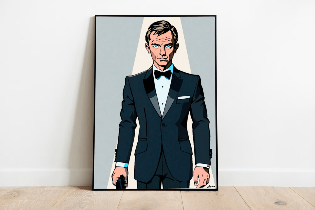 Unveiling the "James Bond: Anime Fusion Art Print," a stunning A3 masterpiece that blends iconic spy vibes with anime flair! Picture a suave gentleman in a tuxedo, confidently holding a handgun, all set against a fresh light blue backdrop. The spotlight casts an alluring glow on him, making this artwork truly captivating. Perfectly showcased in a sleek black frame, it leans effortlessly against a pristine white wall on an elegant light wooden floor. Don't miss out on adding this unique piece to your collect