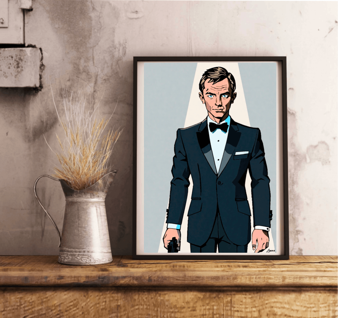 Unveiling the "James Bond: Anime Fusion Art Print," a stunning A3 masterpiece that blends iconic spy vibes with anime flair! Picture a suave gentleman in a tuxedo, confidently holding a handgun, all set against a fresh light blue backdrop. The spotlight casts an alluring glow on him, making this artwork truly captivating. Perfectly showcased in a sleek black frame, it leans effortlessly against a pristine white wall on an elegant light wooden floor. Don't miss out on adding this unique piece to your collect