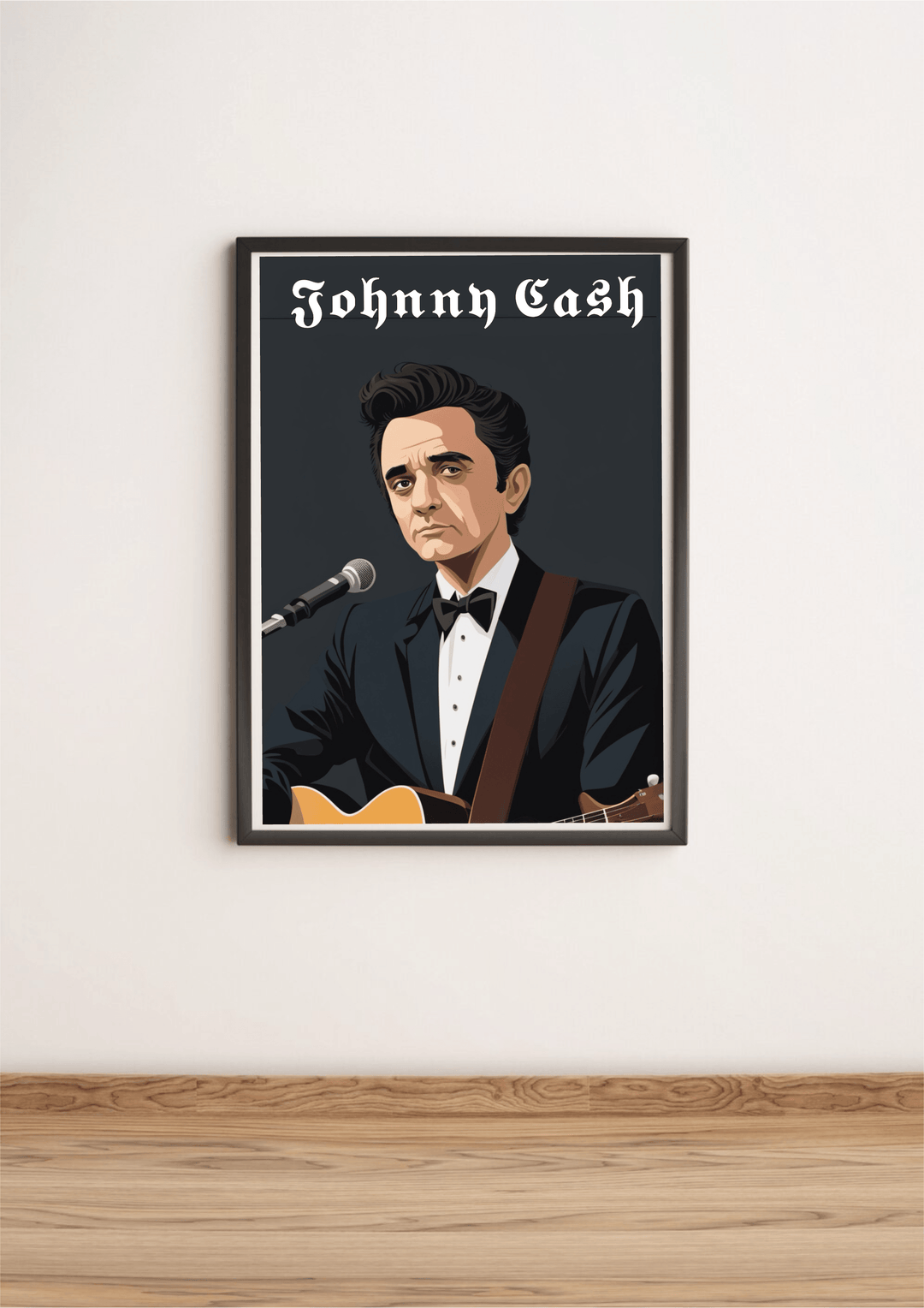 Introducing the Johnny Cash Cartoon Poster—your perfect blend of music and art! This captivating piece features a dapper man in a black tuxedo and bow tie, strumming an acoustic guitar with charm and flair as he stands confidently before a microphone. Set against a striking dark backdrop, the name "Johnny Cash" is elegantly etched above him, calling to both fans and admirers alike. The framed poster leans casually on a wooden floor against a sleek white wall, ready to bring a touch of musical magic to your 