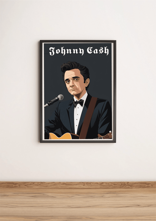 Introducing the Johnny Cash Cartoon Poster—your perfect blend of music and art! This captivating piece features a dapper man in a black tuxedo and bow tie, strumming an acoustic guitar with charm and flair as he stands confidently before a microphone. Set against a striking dark backdrop, the name "Johnny Cash" is elegantly etched above him, calling to both fans and admirers alike. The framed poster leans casually on a wooden floor against a sleek white wall, ready to bring a touch of musical magic to your 