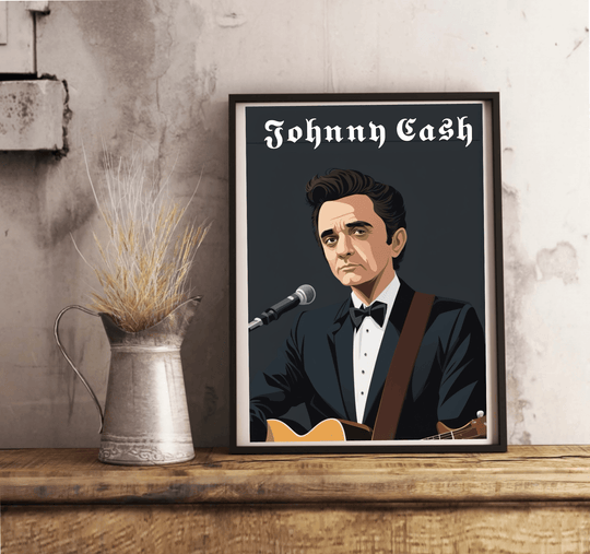 Introducing the Johnny Cash Cartoon Poster—your perfect blend of music and art! This captivating piece features a dapper man in a black tuxedo and bow tie, strumming an acoustic guitar with charm and flair as he stands confidently before a microphone. Set against a striking dark backdrop, the name "Johnny Cash" is elegantly etched above him, calling to both fans and admirers alike. The framed poster leans casually on a wooden floor against a sleek white wall, ready to bring a touch of musical magic to your 