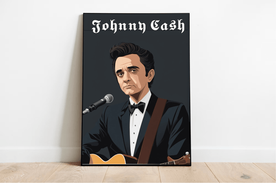 Introducing the Johnny Cash Cartoon Poster—your perfect blend of music and art! This captivating piece features a dapper man in a black tuxedo and bow tie, strumming an acoustic guitar with charm and flair as he stands confidently before a microphone. Set against a striking dark backdrop, the name "Johnny Cash" is elegantly etched above him, calling to both fans and admirers alike. The framed poster leans casually on a wooden floor against a sleek white wall, ready to bring a touch of musical magic to your 