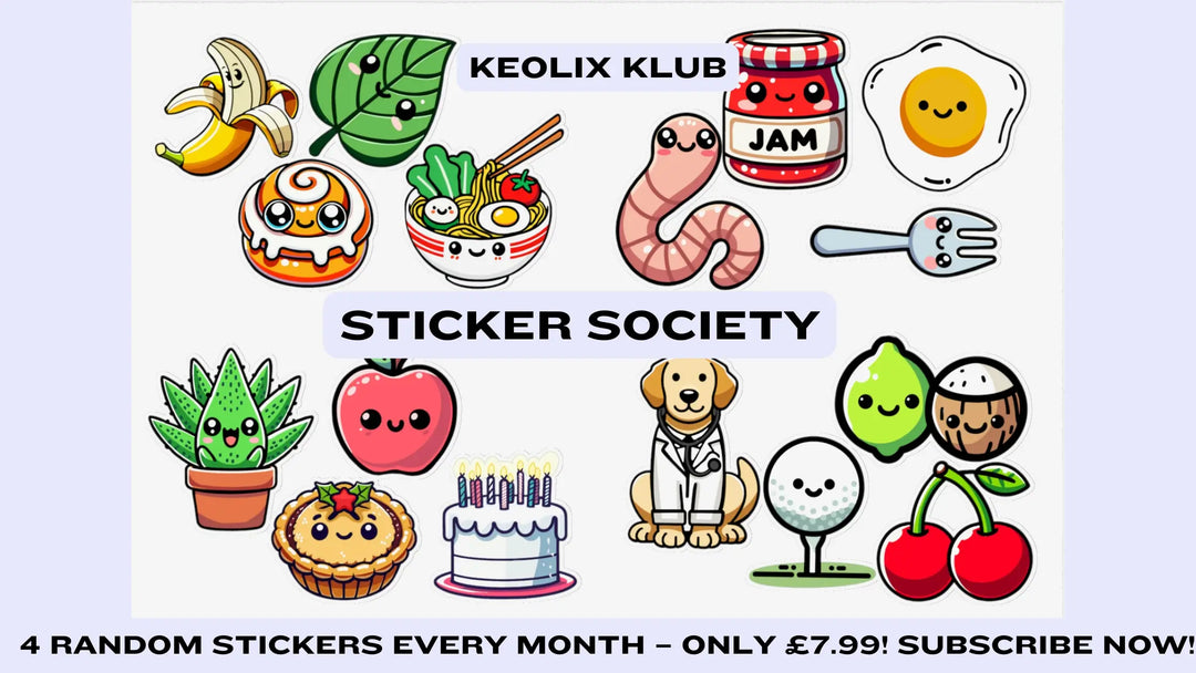 Keolix Klub Sticker Society – A monthly sticker subscription featuring 4 unique, random stickers. Fun, colorful designs include kawaii food, animals, and cute objects. Text reads: '4 Random Stickers Every Month – Only £7.99! Subscribe Now!'