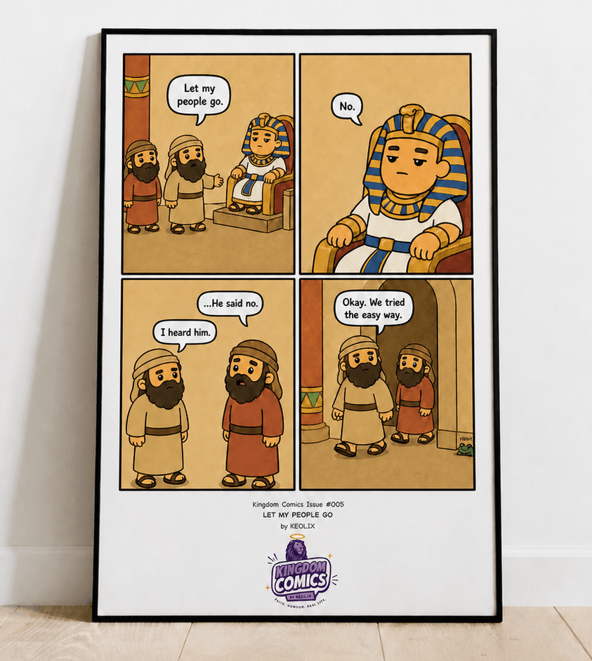 Christian comic print illustrating Moses telling Pharaoh “Let my people go” from the biblical Exodus story, Kingdom Comics Issue 005 by KEOLIX.