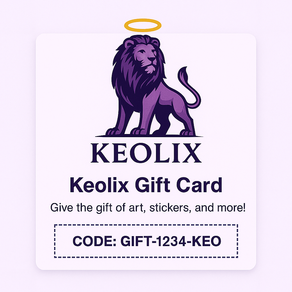 Keolix Gift Card design featuring the regal purple lion logo with a golden halo above its head, the bold KEOLIX brand name, and the tagline ‘Bold. Unique. Yours.’ Below, large text reads ‘Keolix Gift Card’ with the message ‘Give the gift of art, stickers, and more!’ followed by a sample code in a dashed box.